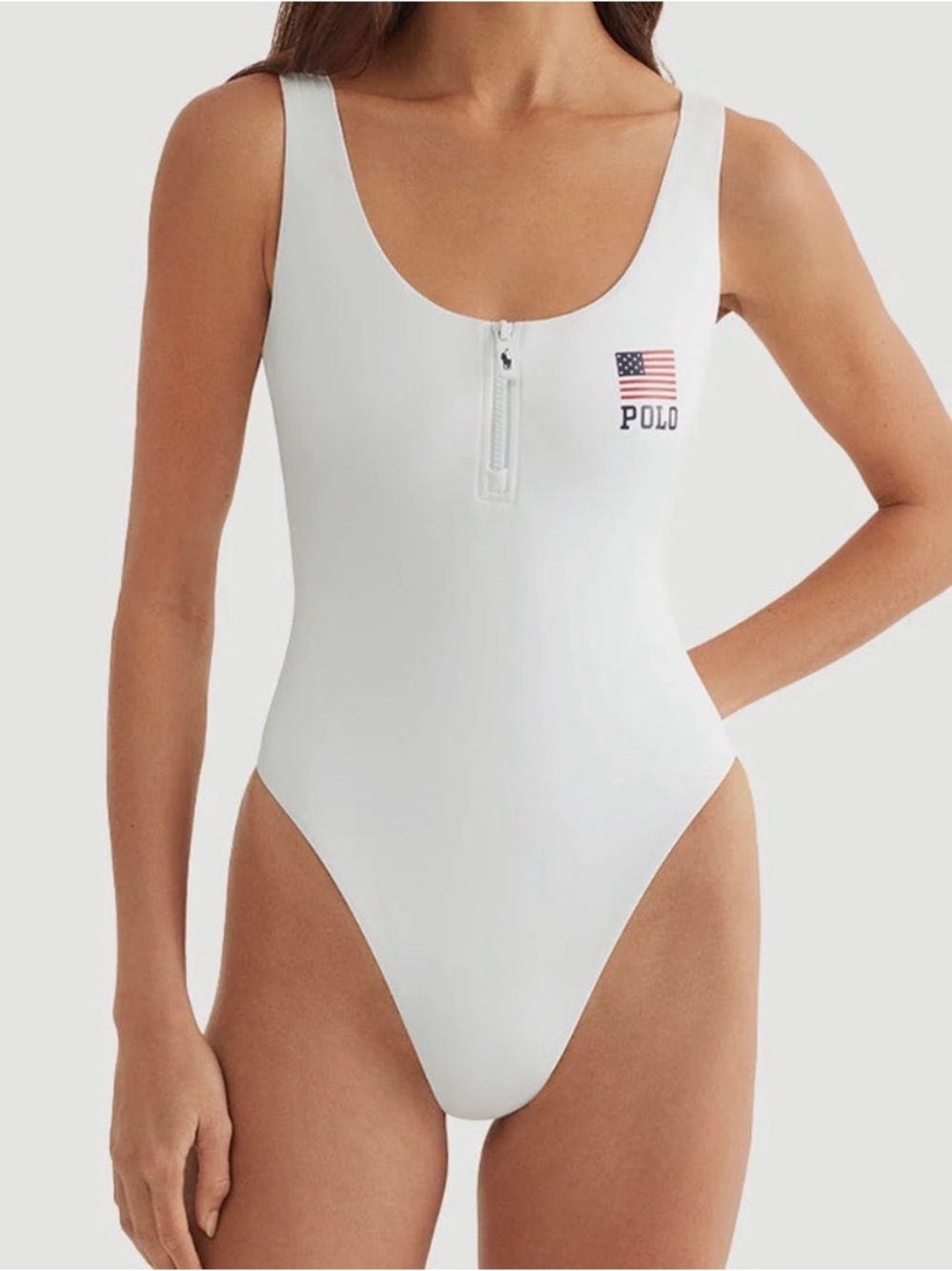 Polo by Ralph Lauren White One-Piece Swimsuit with Flag Chest Logo - Picture 4 of 4